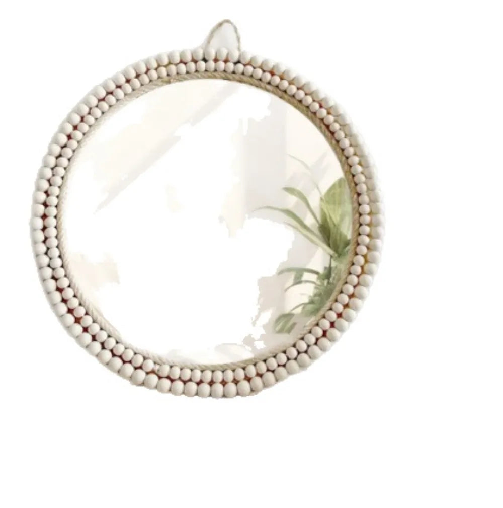 Miroir Rond Nordique Perles en Bois Blanc