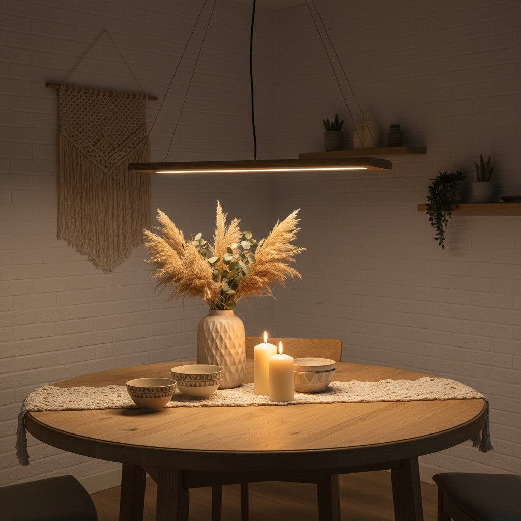 Suspension LED longue en bois rectangulaire - style scandinave pour table à manger