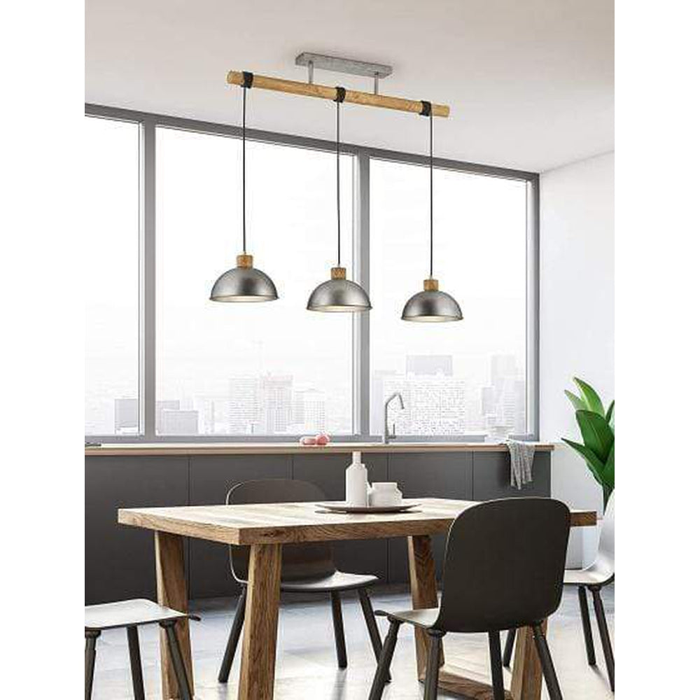 Suspension de bar en bois et abat jour acier gris - style industriel