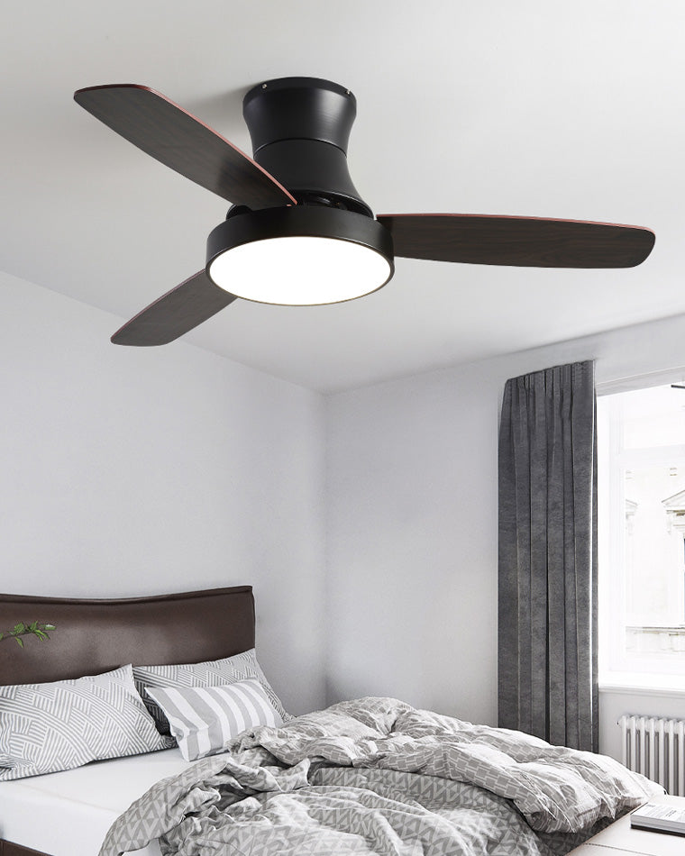 Ventilateur Luno – Plafonnier noir à profil bas avec pales en bois