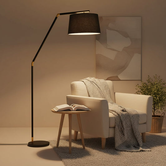 Lampadaire noir minimaliste avec abat jour en tissu