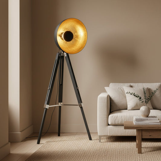 Lampadaire Trépied Retro Industriel Noir et Dore