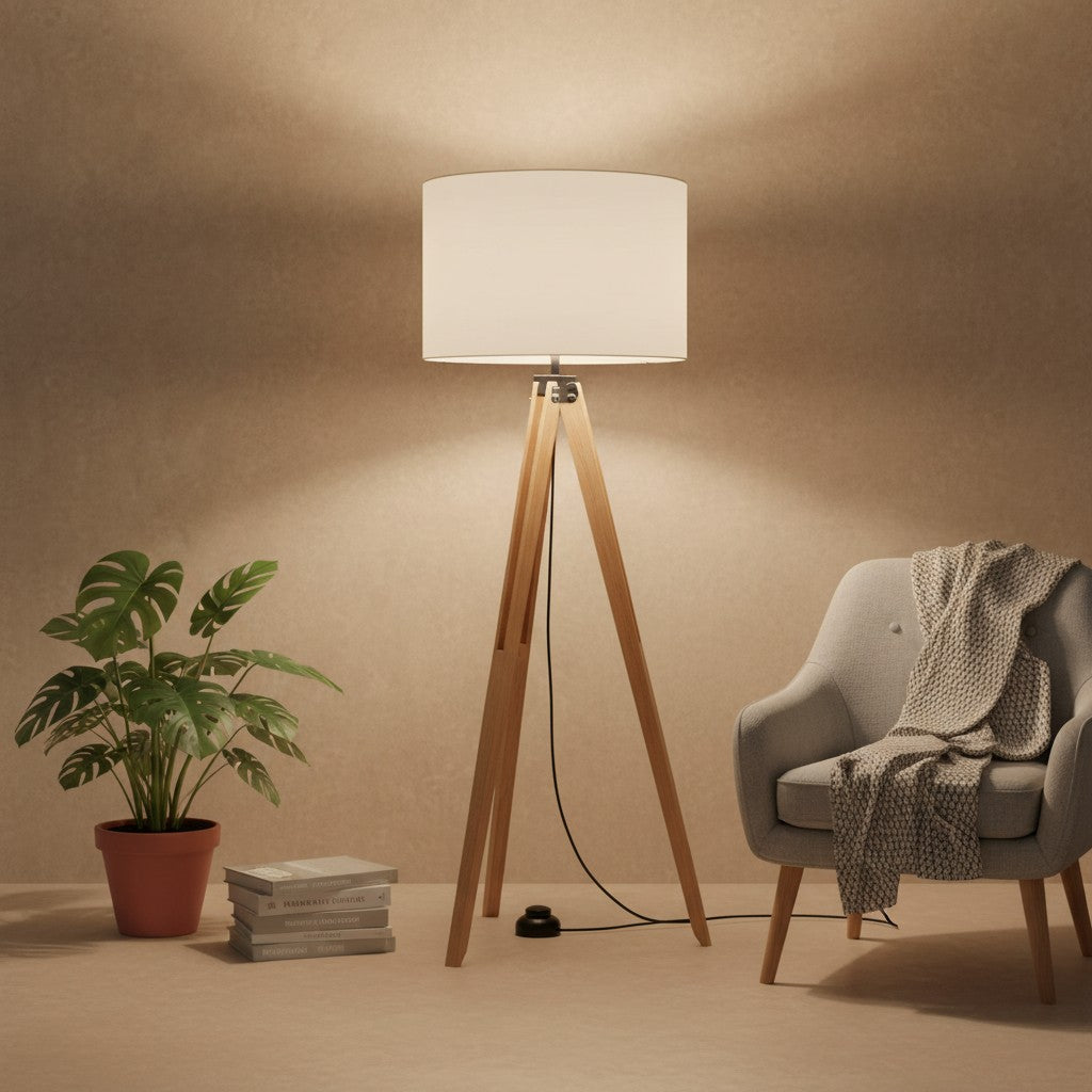 Lampadaire Pied Bois Abat Jour Blanc - Style Scandinave