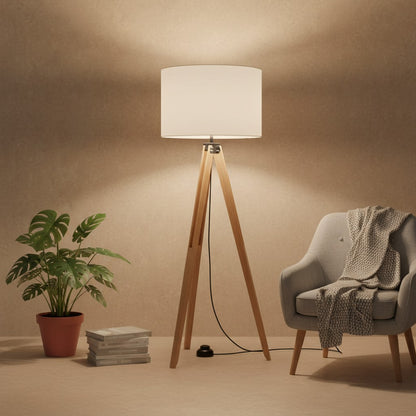 Lampadaire Pied Bois Abat Jour Blanc - Style Scandinave
