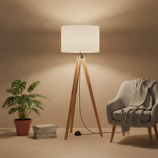 Lampadaire Pied Bois Abat Jour Blanc - Style Scandinave