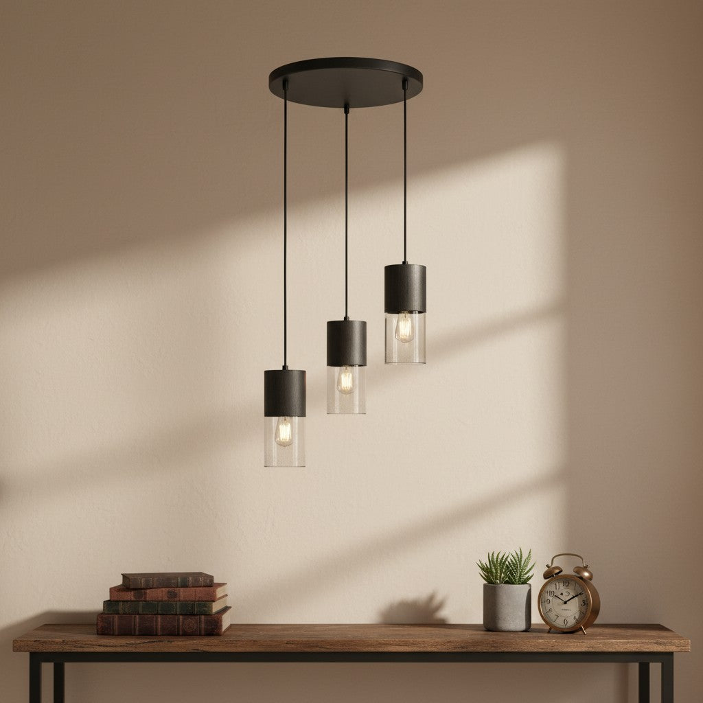 Luminaire 3 suspensions noires - style industriel pour salon