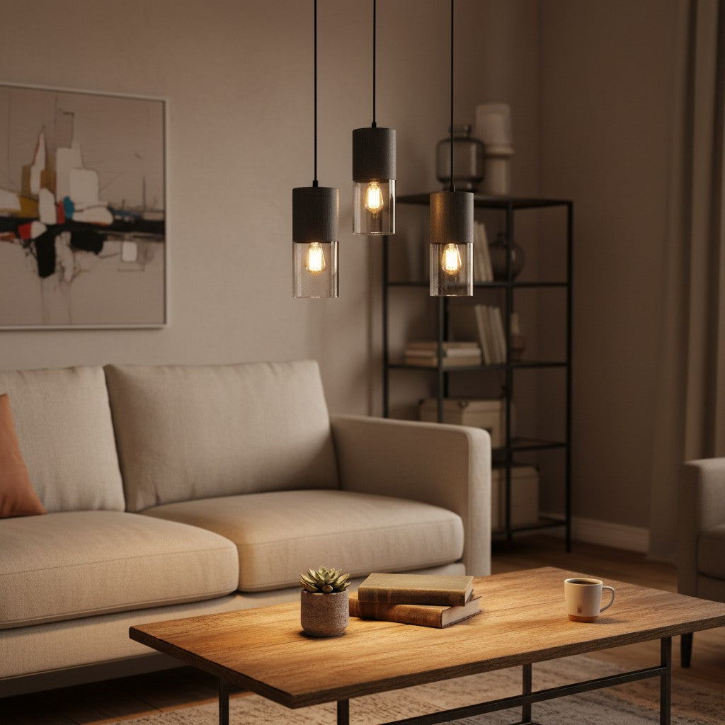 Luminaire 3 suspensions noires - style industriel pour salon