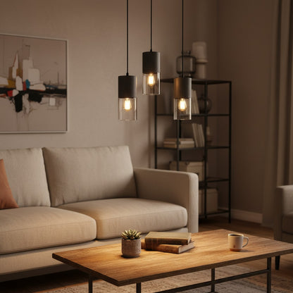 Luminaire 3 suspensions noires - style industriel pour salon