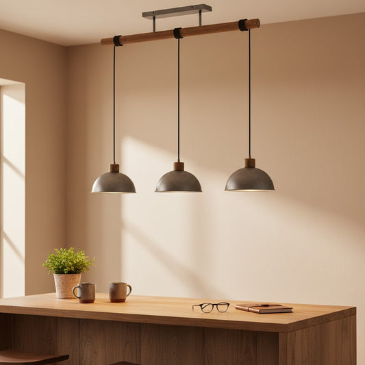 Suspension de bar en bois et abat jour acier gris - style industriel