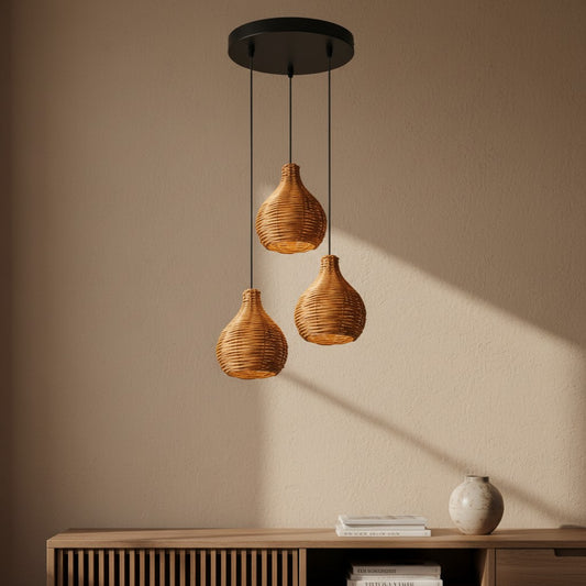 Luminaire de 3 suspensions en rotin